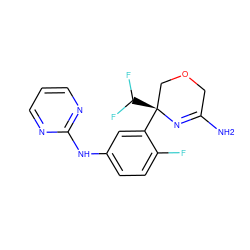 NC1=N[C@@](c2cc(Nc3ncccn3)ccc2F)(C(F)F)COC1 ZINC000145387944