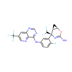 NC1=N[C@@](c2cc(Nc3ncnc4cc(C(F)(F)F)cnc34)ccc2F)(C(F)F)[C@H]2C[C@H]2O1 ZINC000220654817