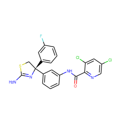 NC1=N[C@@](c2cccc(F)c2)(c2cccc(NC(=O)c3ncc(Cl)cc3Cl)c2)CS1 ZINC000147107590