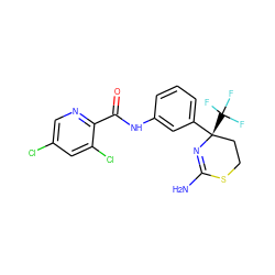 NC1=N[C@@](c2cccc(NC(=O)c3ncc(Cl)cc3Cl)c2)(C(F)(F)F)CCS1 ZINC000147106344