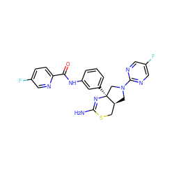 NC1=N[C@@]2(c3cccc(NC(=O)c4ccc(F)cn4)c3)CN(c3ncc(F)cn3)C[C@H]2CS1 ZINC000220845854