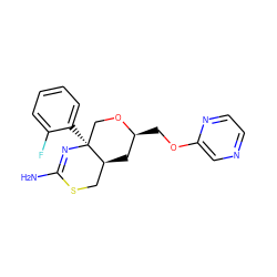 NC1=N[C@@]2(c3ccccc3F)CO[C@@H](COc3cnccn3)C[C@H]2CS1 ZINC000169711636