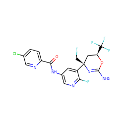 NC1=N[C@](CF)(c2cc(NC(=O)c3ccc(Cl)cn3)cnc2F)C[C@@H](C(F)(F)F)O1 ZINC000218668340