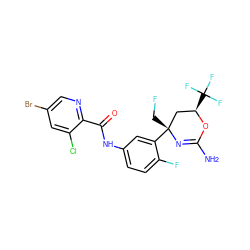 NC1=N[C@](CF)(c2cc(NC(=O)c3ncc(Br)cc3Cl)ccc2F)C[C@@H](C(F)(F)F)O1 ZINC000221071174