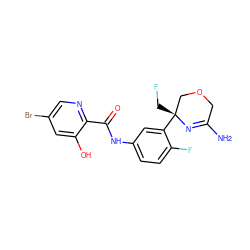 NC1=N[C@](CF)(c2cc(NC(=O)c3ncc(Br)cc3O)ccc2F)COC1 ZINC000113661635