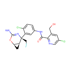 NC1=N[C@](CF)(c2cc(NC(=O)c3ncc(Cl)cc3CO)ccc2Cl)[C@H]2C[C@H]2O1 ZINC000226079710