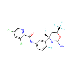 NC1=N[C@](CF)(c2cc(NC(=O)c3ncc(Cl)cc3Cl)ccc2F)C[C@@H](C(F)(F)F)O1 ZINC000205353092