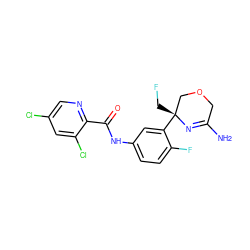 NC1=N[C@](CF)(c2cc(NC(=O)c3ncc(Cl)cc3Cl)ccc2F)COC1 ZINC000113659616