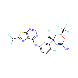 NC1=N[C@](CF)(c2cc(Nc3ncnc4sc(C(F)F)nc34)ccc2F)C[C@@H](C(F)(F)F)O1 ZINC000223558735