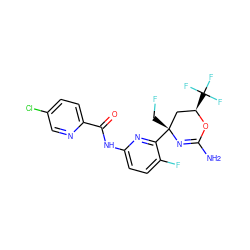 NC1=N[C@](CF)(c2nc(NC(=O)c3ccc(Cl)cn3)ccc2F)C[C@@H](C(F)(F)F)O1 ZINC000223558384