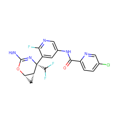 NC1=N[C@](c2cc(NC(=O)c3ccc(Cl)cn3)cnc2F)(C(F)F)[C@@H]2C[C@@H]2O1 ZINC000220649957