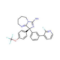 NC1=N[C@](c2ccc(OC(F)(F)F)cc2)(c2cccc(-c3cccnc3F)c2)C2=NCCCCN12 ZINC000045253719