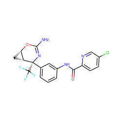 NC1=N[C@](c2cccc(NC(=O)c3ccc(Cl)cn3)c2)(C(F)(F)F)[C@@H]2C[C@@H]2O1 ZINC000220650921