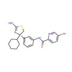 NC1=N[C@](c2cccc(NC(=O)c3ccc(O)cn3)c2)(C2CCCCC2)CS1 ZINC000147026659