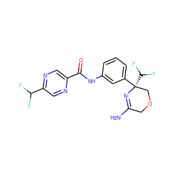 NC1=N[C@](c2cccc(NC(=O)c3cnc(C(F)F)cn3)c2)(C(F)F)COC1 ZINC000113660374