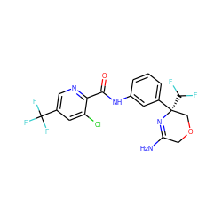 NC1=N[C@](c2cccc(NC(=O)c3ncc(C(F)(F)F)cc3Cl)c2)(C(F)F)COC1 ZINC000113658198