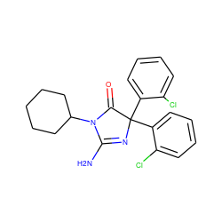 NC1=NC(c2ccccc2Cl)(c2ccccc2Cl)C(=O)N1C1CCCCC1 ZINC000218599280