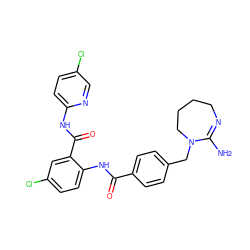 NC1=NCCCCN1Cc1ccc(C(=O)Nc2ccc(Cl)cc2C(=O)Nc2ccc(Cl)cn2)cc1 ZINC000028096737