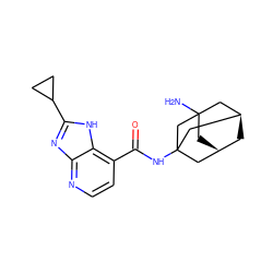 NC12C[C@@H]3C[C@H](C1)CC(NC(=O)c1ccnc4nc(C5CC5)[nH]c14)(C3)C2 ZINC000145345125