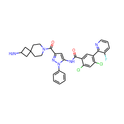 NC1CC2(CCN(C(=O)c3cc(NC(=O)c4cc(-c5ncccc5F)c(Cl)cc4Cl)n(-c4ccccc4)n3)CC2)C1 ZINC001772631270