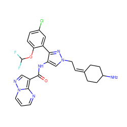 NC1CCC(=CCn2cc(NC(=O)c3cnn4cccnc34)c(-c3cc(Cl)ccc3OC(F)F)n2)CC1 ZINC001772604723