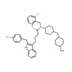 NC1CCC(CC2CCC(N(Cc3c(Cl)cccc3Cl)C(=O)CCCc3c(Cc4ccc(O)cc4)[nH]c4ccccc34)CC2)CC1 ZINC000028826074