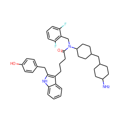 NC1CCC(CC2CCC(N(Cc3c(F)cccc3F)C(=O)CCCc3c(Cc4ccc(O)cc4)[nH]c4ccccc34)CC2)CC1 ZINC000028826076