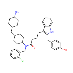 NC1CCC(CC2CCC(N(Cc3ccccc3Cl)C(=O)CCCc3c(Cc4ccc(O)cc4)[nH]c4ccccc34)CC2)CC1 ZINC000028826066