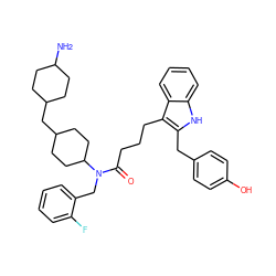 NC1CCC(CC2CCC(N(Cc3ccccc3F)C(=O)CCCc3c(Cc4ccc(O)cc4)[nH]c4ccccc34)CC2)CC1 ZINC000028825984