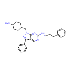 NC1CCC(Cn2nc(-c3ccccc3)c3cnc(NCCCc4ccccc4)nc32)CC1 ZINC000084711122