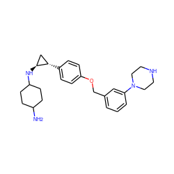 NC1CCC(N[C@H]2C[C@@H]2c2ccc(OCc3cccc(N4CCNCC4)c3)cc2)CC1 ZINC000149700559