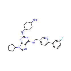 NC1CCC(Nc2nc(NCc3ccc(-c4cccc(F)c4)nc3)c3ncn(C4CCCC4)c3n2)CC1 ZINC000096273143