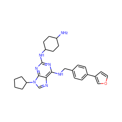 NC1CCC(Nc2nc(NCc3ccc(-c4ccoc4)cc3)c3ncn(C4CCCC4)c3n2)CC1 ZINC000096273151