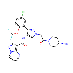 NC1CCN(C(=O)Cn2cc(NC(=O)c3cnn4cccnc34)c(-c3cc(Cl)ccc3OC(F)F)n2)CC1 ZINC001772621763