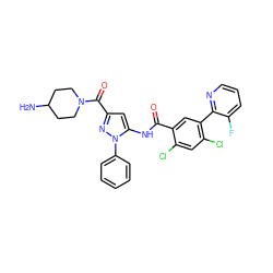 NC1CCN(C(=O)c2cc(NC(=O)c3cc(-c4ncccc4F)c(Cl)cc3Cl)n(-c3ccccc3)n2)CC1 ZINC001772633664