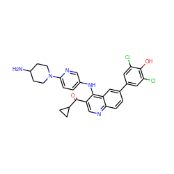 NC1CCN(c2ccc(Nc3c(C(=O)C4CC4)cnc4ccc(-c5cc(Cl)c(O)c(Cl)c5)cc34)cn2)CC1 ZINC000114035322