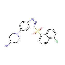 NC1CCN(c2ccc3[nH]nc(S(=O)(=O)c4cccc5c(Cl)cccc45)c3c2)CC1 ZINC000045364609