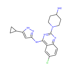 NC1CCN(c2nc(Nc3cc(C4CC4)[nH]n3)c3cc(Cl)ccc3n2)CC1 ZINC001772620577