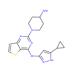 NC1CCN(c2nc(Nc3cc(C4CC4)[nH]n3)c3sccc3n2)CC1 ZINC000263620369