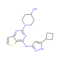 NC1CCN(c2nc(Nc3cc(C4CCC4)[nH]n3)c3sccc3n2)CC1 ZINC000473172823