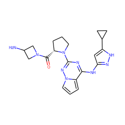 NC1CN(C(=O)[C@@H]2CCCN2c2nc(Nc3cc(C4CC4)[nH]n3)c3cccn3n2)C1 ZINC000096177843