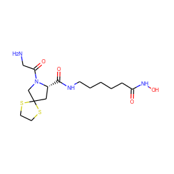 NCC(=O)N1CC2(C[C@H]1C(=O)NCCCCCC(=O)NO)SCCS2 ZINC000072106075