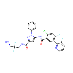 NCC(F)(F)CNC(=O)c1cc(NC(=O)c2cc(-c3ncccc3F)c(F)cc2Cl)n(-c2ccccc2)n1 ZINC001772635402