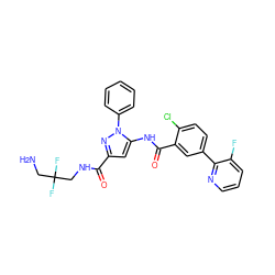 NCC(F)(F)CNC(=O)c1cc(NC(=O)c2cc(-c3ncccc3F)ccc2Cl)n(-c2ccccc2)n1 ZINC001772612937