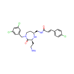 NCC[C@@H]1N[C@H](CNC(=O)/C=C/c2ccc(Cl)cc2)CCN(Cc2cc(Cl)cc(Cl)c2)C1=O ZINC000118683065