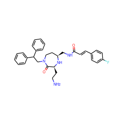 NCC[C@@H]1N[C@H](CNC(=O)/C=C/c2ccc(F)cc2)CCN(CC(c2ccccc2)c2ccccc2)C1=O ZINC000118686695