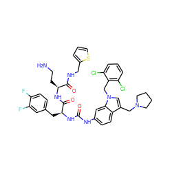 NCC[C@H](NC(=O)[C@H](Cc1ccc(F)c(F)c1)NC(=O)Nc1ccc2c(CN3CCCC3)cn(Cc3c(Cl)cccc3Cl)c2c1)C(=O)NCc1cccs1 ZINC000095539638