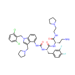 NCC[C@H](NC(=O)[C@H](Cc1ccc(F)c(F)c1)NC(=O)Nc1cccc2c1c(CN1CCCC1)cn2Cc1c(Cl)cccc1Cl)C(=O)NCCN1CCCC1 ZINC000095539676