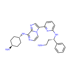 NCC[C@H](Nc1cccc(-c2cnc3c(N[C@H]4CC[C@H](N)CC4)nccn23)n1)c1ccccc1 ZINC000261088688