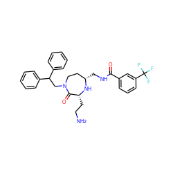 NCC[C@H]1N[C@@H](CNC(=O)c2cccc(C(F)(F)F)c2)CCN(CC(c2ccccc2)c2ccccc2)C1=O ZINC000206903050